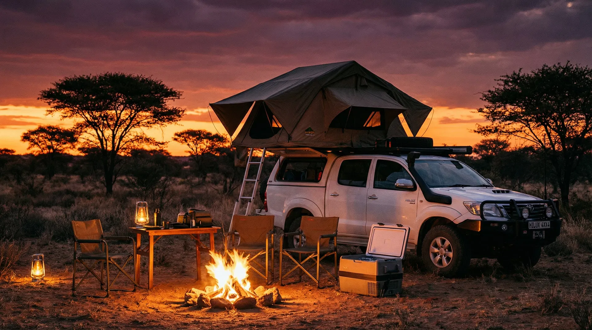 Safari camping at sunset