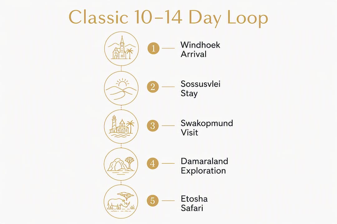 Infographic outlining classic 10-14 day Namibia luxury tour loop steps